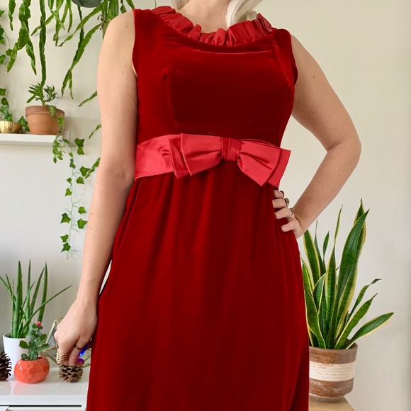 Vintage 60s red velvet mini dress satin bow S - Picture 2 of 6